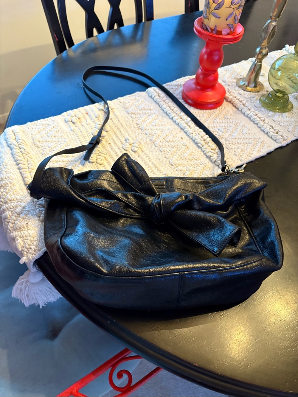Anthropologie Black Leather Shoulder Bag with Bow Detail